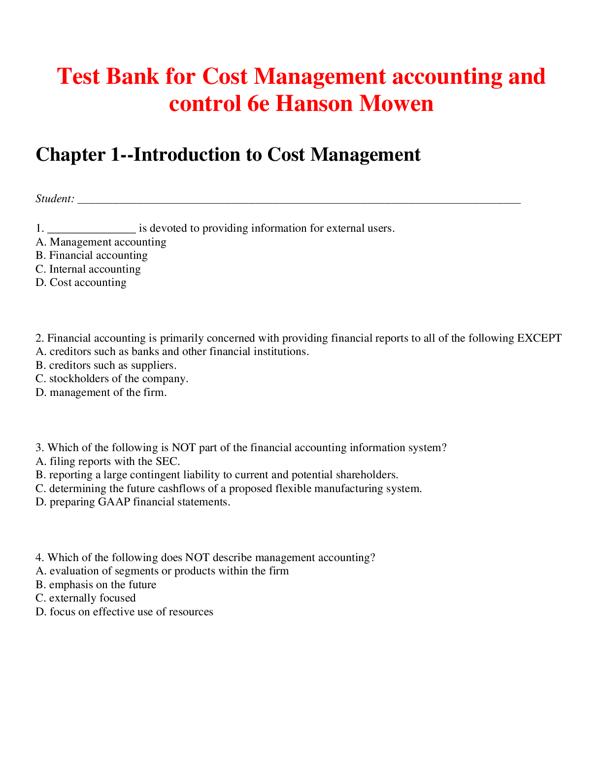 Preview of Cost Management accounting and control 6e Hanson Mowen (Test Bank )